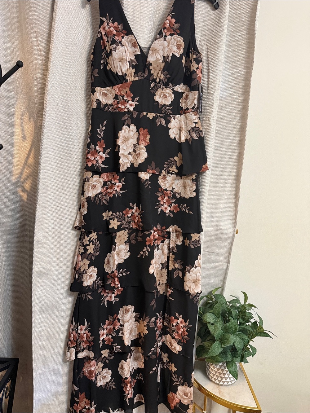 R&M Richards Black Maxi Dress with Cream & Rose Floral